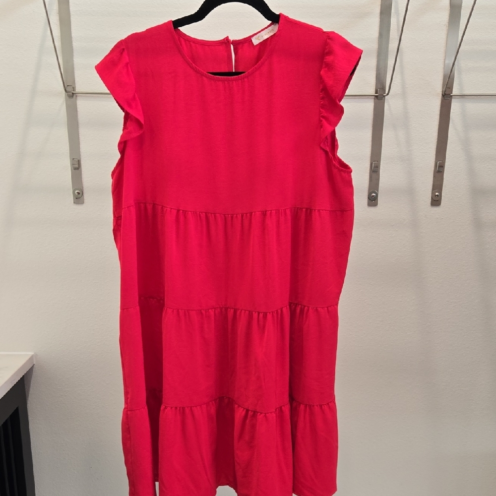 Casual Tiered Dress with Ruffle Cap Sleeves in Hot Pink